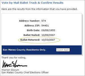 Screen shot of ballot received on Track & Confirm